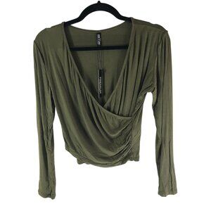 Lock & Love Womens Olive Green Long Sleeve Draped V-Neck Faux Wrap Blouse Top L